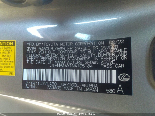 2022 Lexus LC, VIN: JTHMPAAY1NA105184