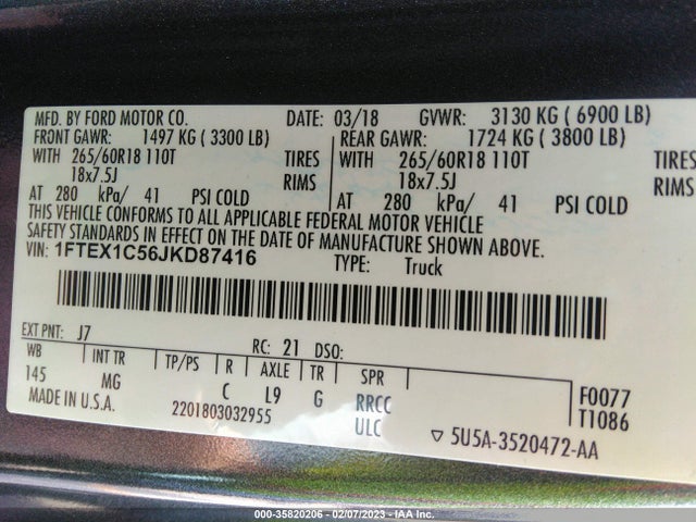 2018 Ford F-150, VIN: 1FTEX1C56JKD87416