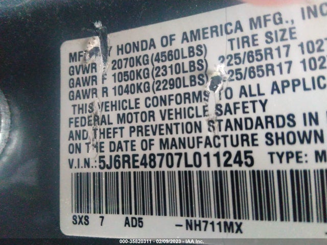 2007 HONDA CR-V EX-L VIN: 5J6RE48707L011245