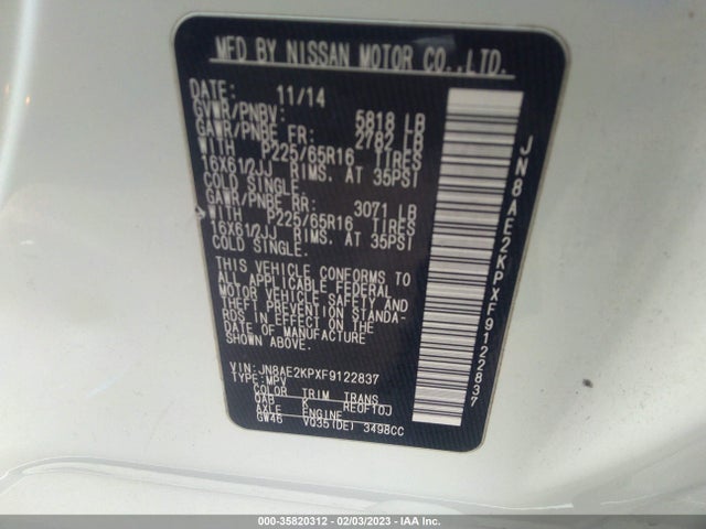 2015 NISSAN QUEST S VIN: JN8AE2KPXF9122837