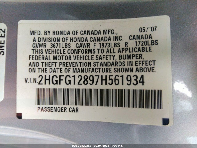 2007 HONDA CIVIC CPE EX VIN: 2HGFG12897H561934