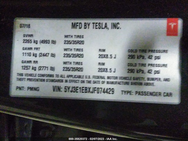 Tesla Model 3 Long Range 2018 5YJ3E1EBXJF074429 Image 10