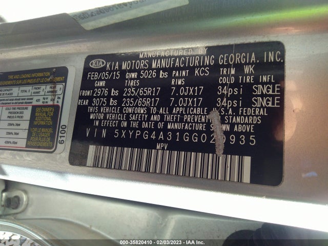 2016 Kia Sorento, VIN: 5XYPG4A31GG020935