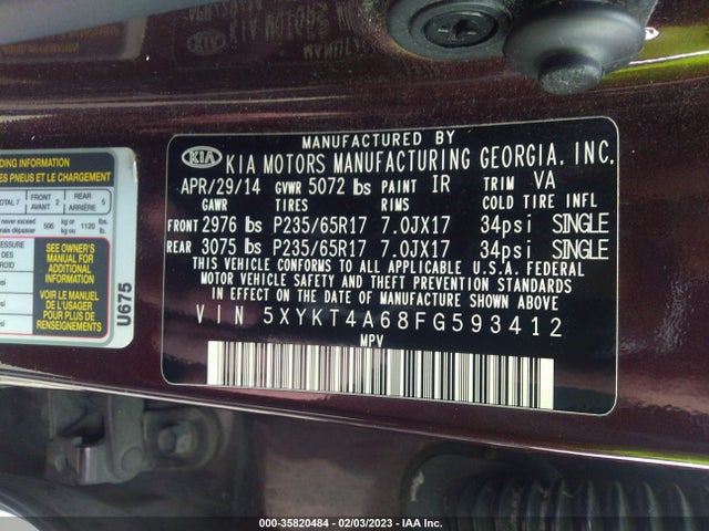 2015 KIA SORENTO LX VIN: 5XYKT4A68FG593412