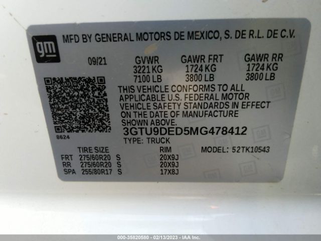 3GTU9DED5MG478412 GMC Sierra 1500 Slt