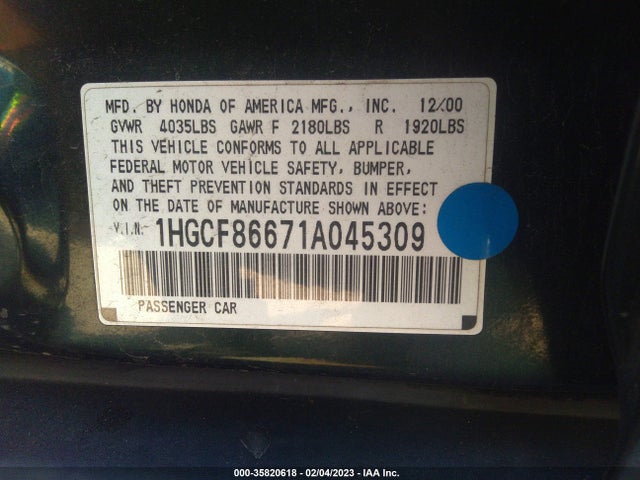 2001 HONDA ACCORD SDN VP VIN: 1HGCF86671A045309