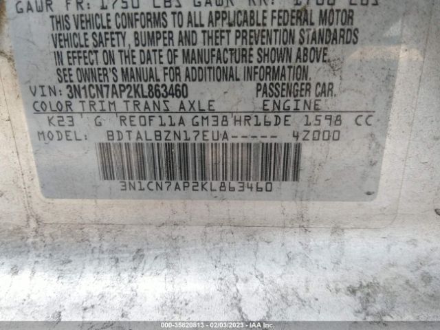 3N1CN7AP2KL863460 Nissan Versa Sedan Sv