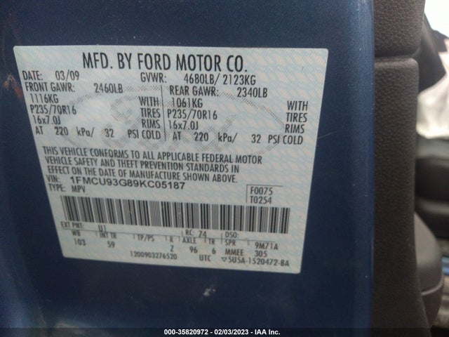 2009 FORD ESCAPE XLT VIN: 1FMCU93G89KC05187