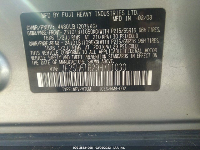 2009 SUBARU FORESTER X VIN: JF2SH61629H711030