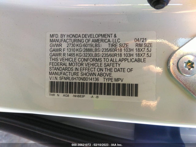 2022 Honda Odyssey, VIN: 5FNRL6H70NB014136