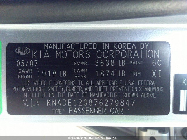 2007 KIA RIO LX VIN: KNADE123876279847