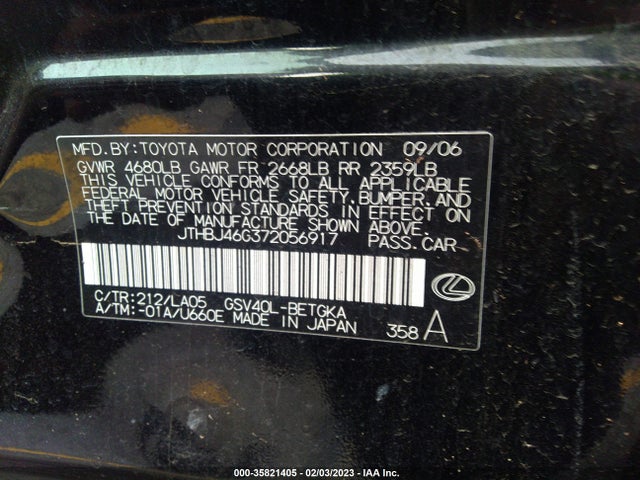 2007 LEXUS ES 350 VIN: JTHBJ46G372056917