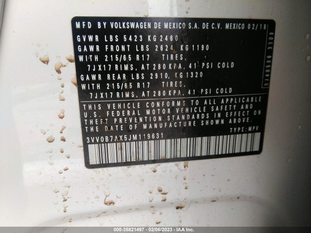 3VV0B7AX5JM119631 Volkswagen TIGUAN S