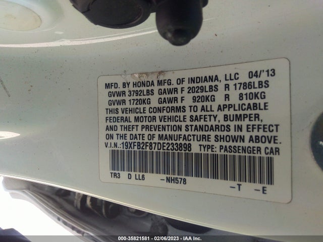 2013 Honda Civic Sdn Ex მანქანა იყიდება აუქციონზე, vin: 19XFB2F87DE233898, აუქციონის ნომერი: 35821581