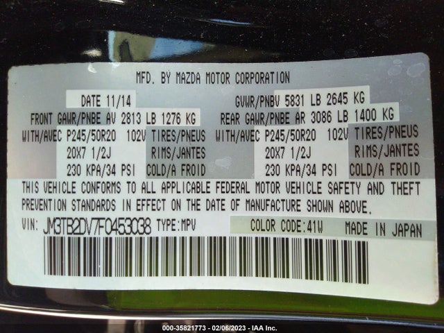 2015 Mazda CX-9, VIN: JM3TB2DV7F0453038