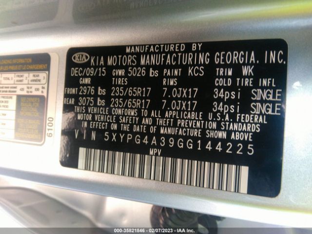 5XYPG4A39GG144225 KIA SORENTO LX