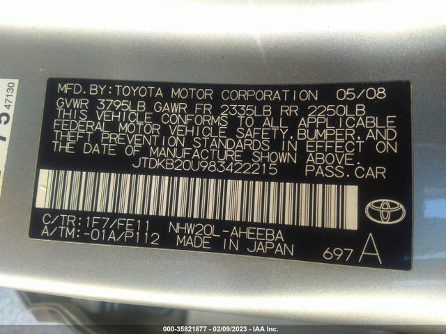 2008 TOYOTA PRIUS VIN: JTDKB20U983422215
