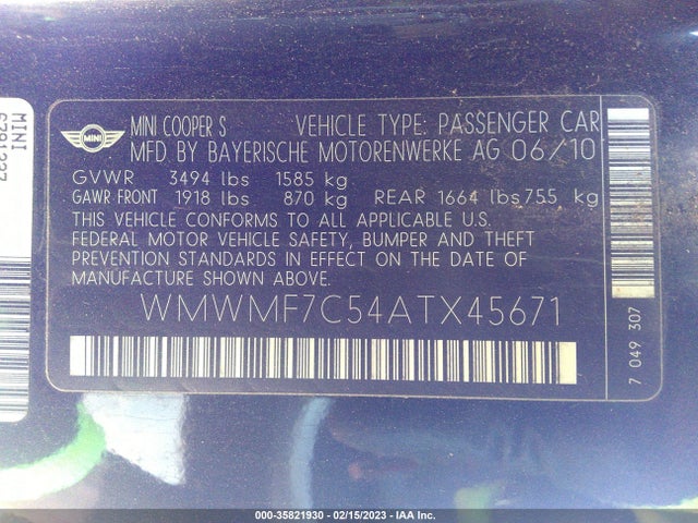 2010 MINI COOPER S WMWMF7C54ATX45671 Photo 8