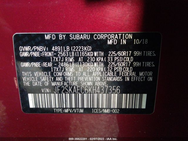 JF2SKAEC6KH437356 Subaru Forester Premium