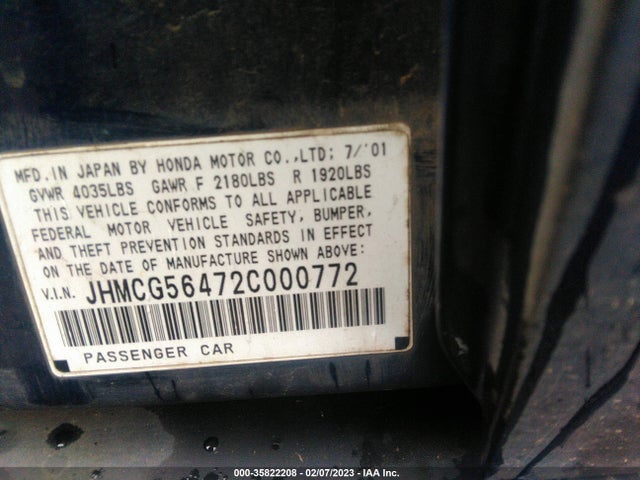 2002 HONDA ACCORD SDN LX VIN: JHMCG56472C000772