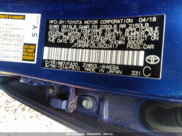 2018 Toyota Prius, VIN: JTDKBRFU5J3600417