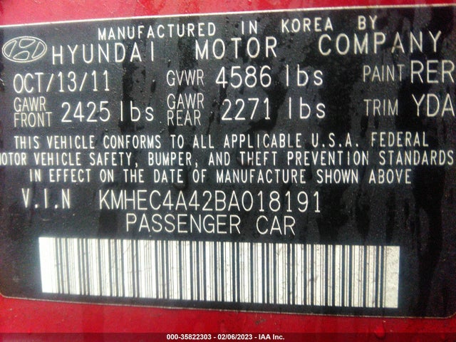 2011 HYUNDAI SONATA HYBRID VIN: KMHEC4A42BA018191