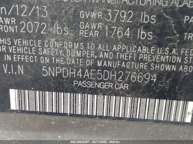 2013 HYUNDAI ELANTRA GLS VIN: 5NPDH4AE5DH276694