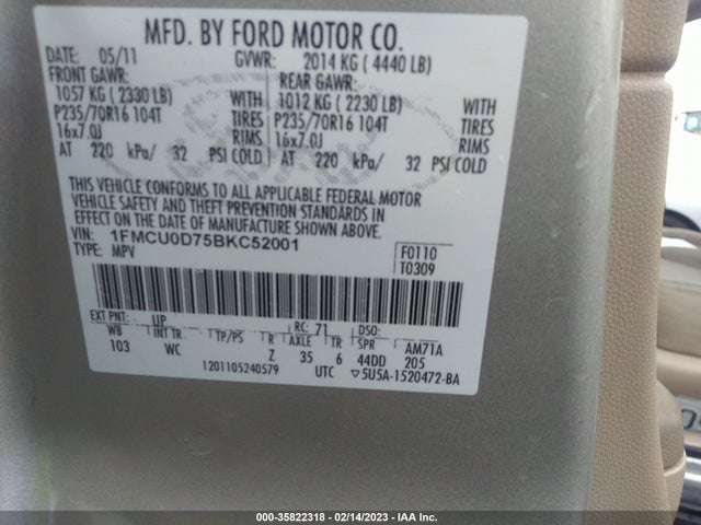 2011 FORD ESCAPE XLT VIN: 1FMCU0D75BKC52001