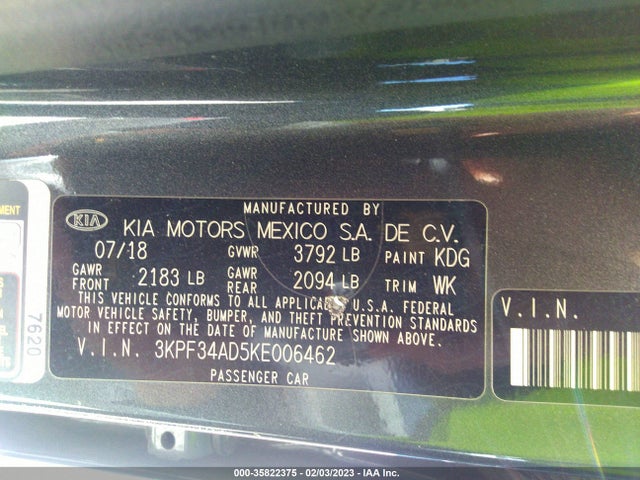 2019 KIA FORTE S VIN: 3KPF34AD5KE006462