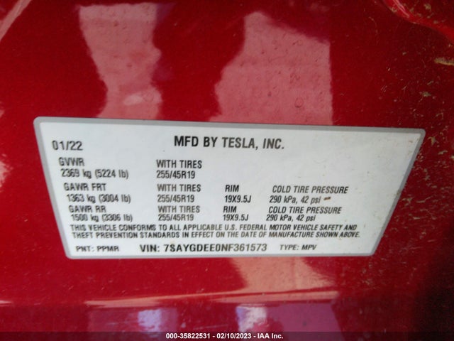 Tesla Model Y Long Range 2022 7SAYGDEE0NF361573 Image 9