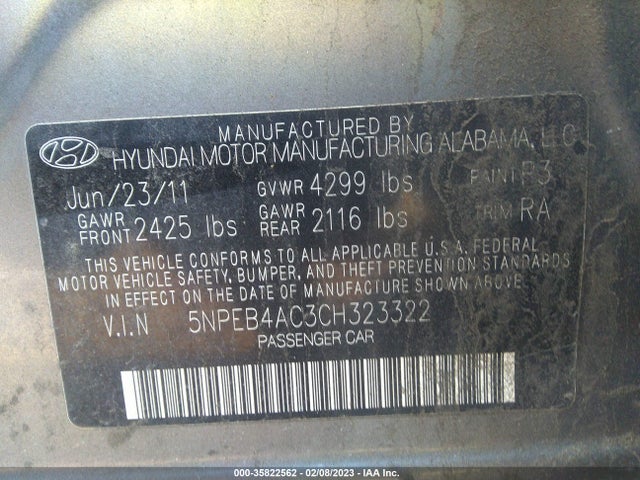 2012 HYUNDAI SONATA GLS VIN: 5NPEB4AC3CH323322