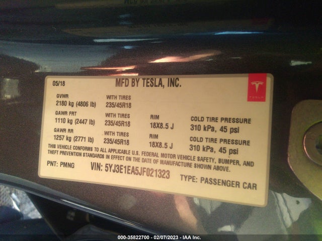 Tesla Model 3 Range Battery 2018 5YJ3E1EA5JF021323 Image 9