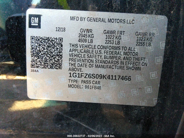 2019 Chevrolet Bolt EV, VIN: 1G1FZ6S09K4117466