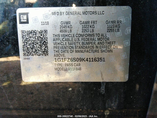 2019 Chevrolet Bolt EV, VIN: 1G1FZ6S09K4116351