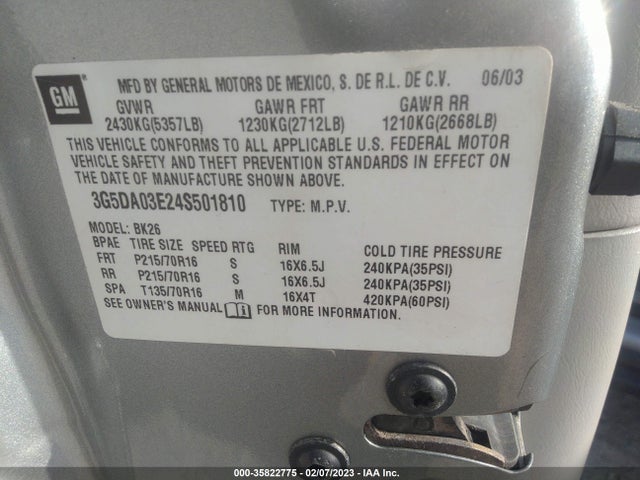 2004 BUICK RENDEZVOUS VIN: 3G5DA03E24S501810