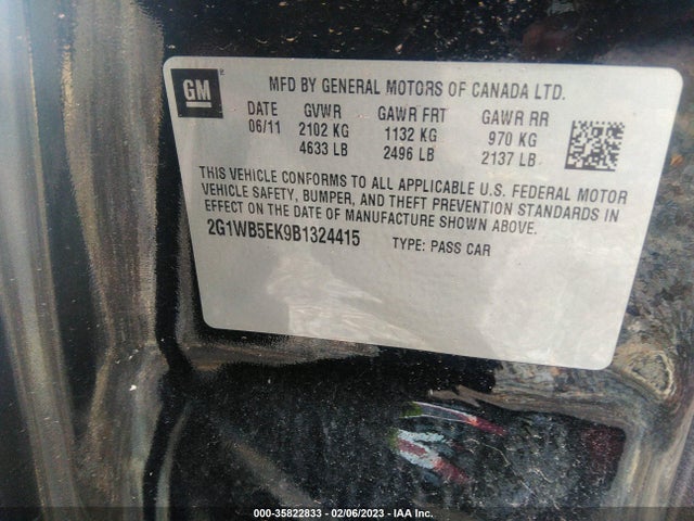 2011 CHEVROLET IMPALA LT RETAIL VIN: 2G1WB5EK9B1324415