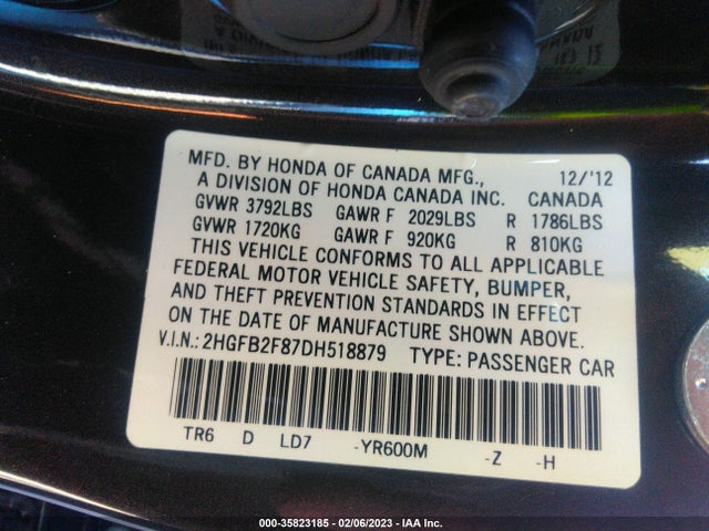 2013 HONDA CIVIC SDN EX VIN: 2HGFB2F87DH518879