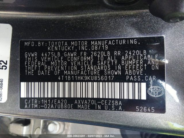 4T1B11HK9KU856017 Toyota CAMRY SE