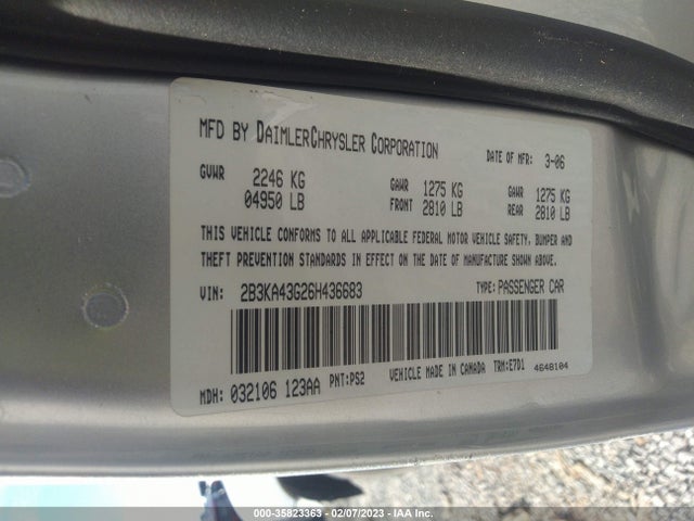 2006 DODGE CHARGER VIN: 2B3KA43G26H436683