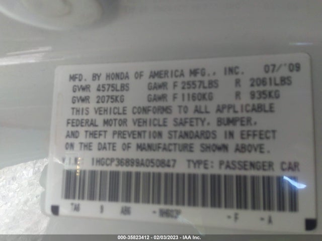 2009 HONDA ACCORD SDN EX-L VIN: 1HGCP36899A050847