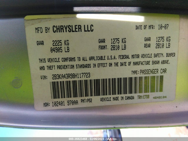2008 DODGE CHARGER VIN: 2B3KA43R98H117723