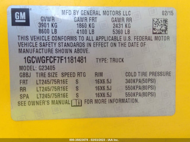 2015 Chevrolet Express, VIN: 1GCWGFCF7F1181481