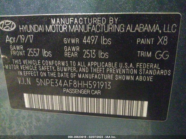 2017 HYUNDAI SONATA SPORT VIN: 5NPE34AF8HH591913
