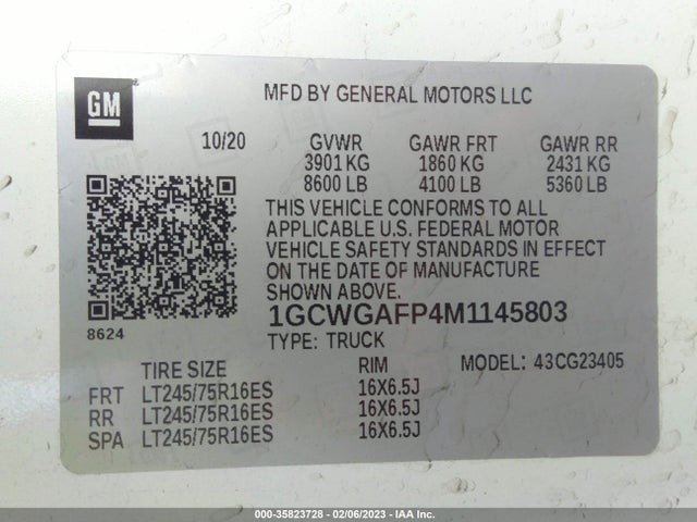 2021 CHEVROLET EXPRESS CARGO VAN VIN: 1GCWGAFP4M1145803