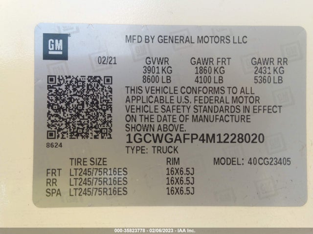 2021 CHEVROLET EXPRESS CARGO VAN VIN: 1GCWGAFP4M1228020