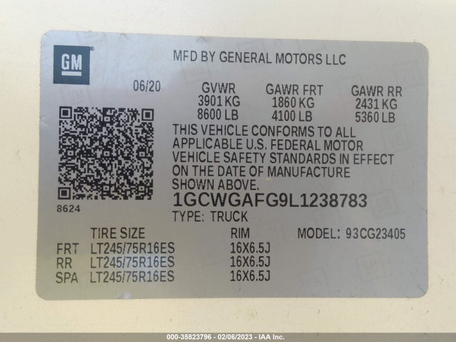 2020 Chevrolet Express, VIN: 1GCWGAFG9L1238783