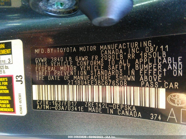 2011 TOYOTA COROLLA L/LE/S VIN: 2T1BU4EE3BC676508