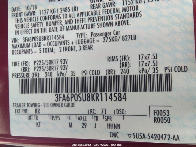 2019 Ford Fusion, VIN: 3FA6P0SU8KR114584