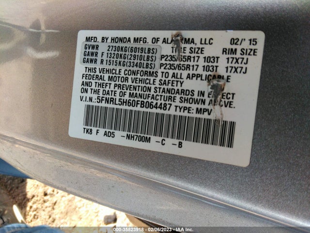 2015 HONDA ODYSSEY EX-L VIN: 5FNRL5H60FB064487
