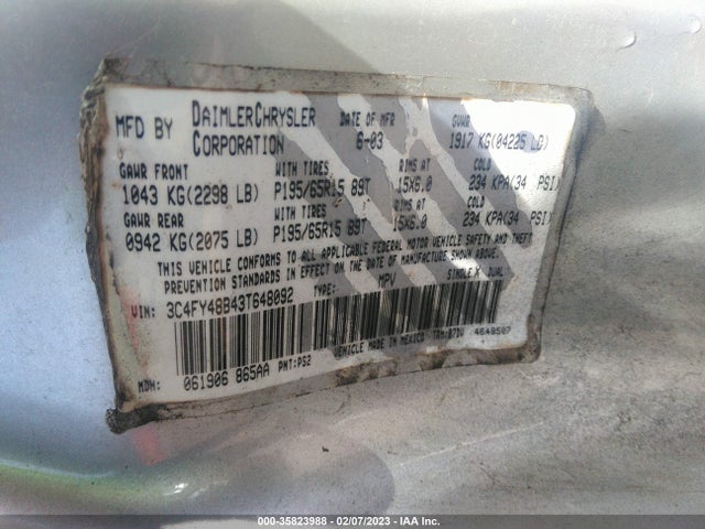 3C4FY48B43T648092 Chrysler Pt Cruiser